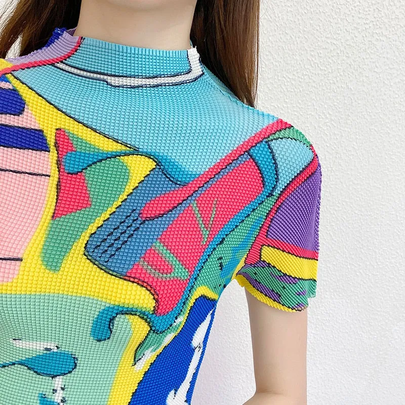 Miyake Pleated Abstract Print Short Sleeve Top