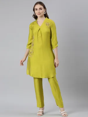 Neerus Green Regular Curved Solid Kurti and Trousers