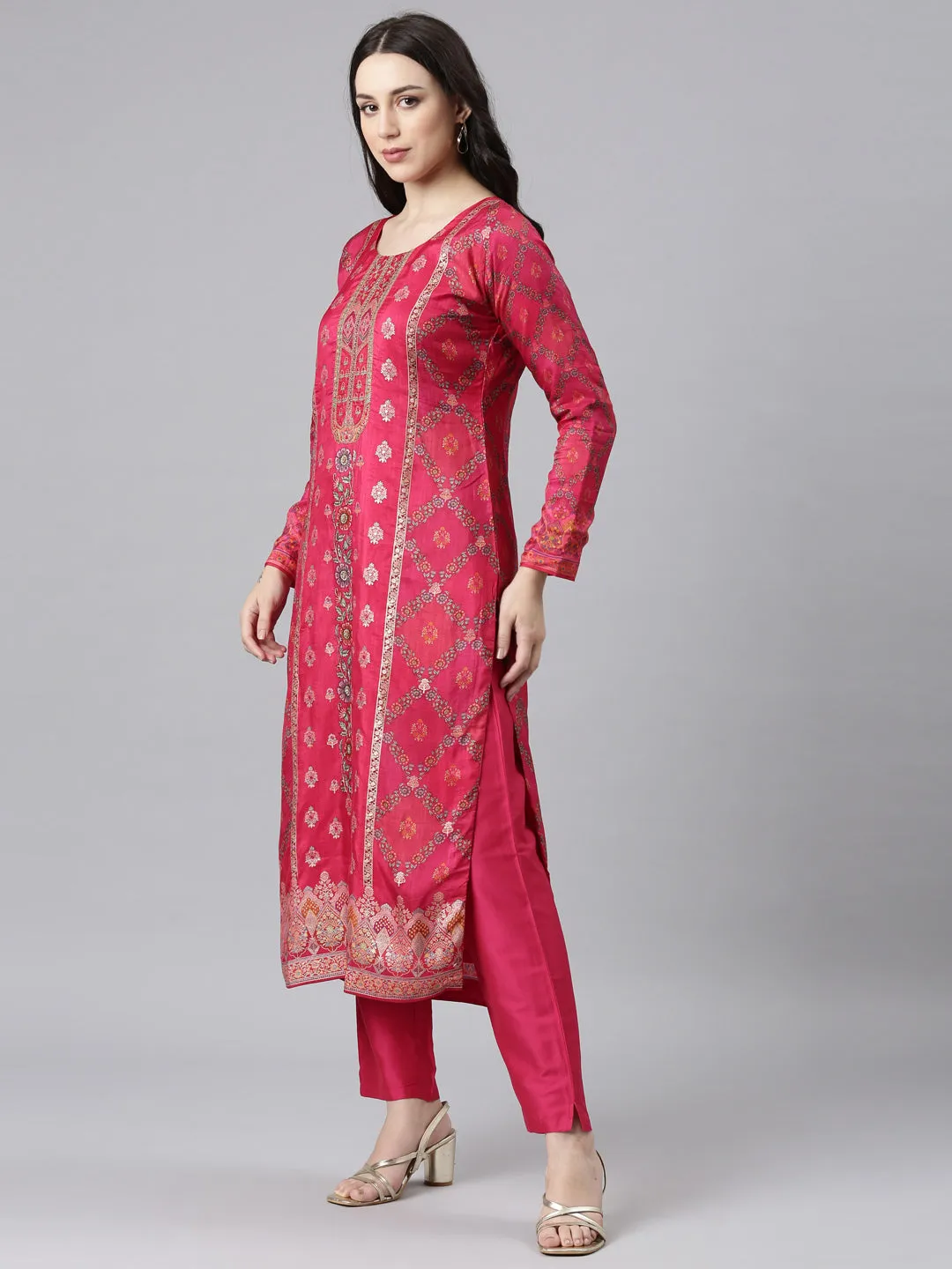 Neerus Pink Panelled Straight Kurta and Trousers With Dupatta