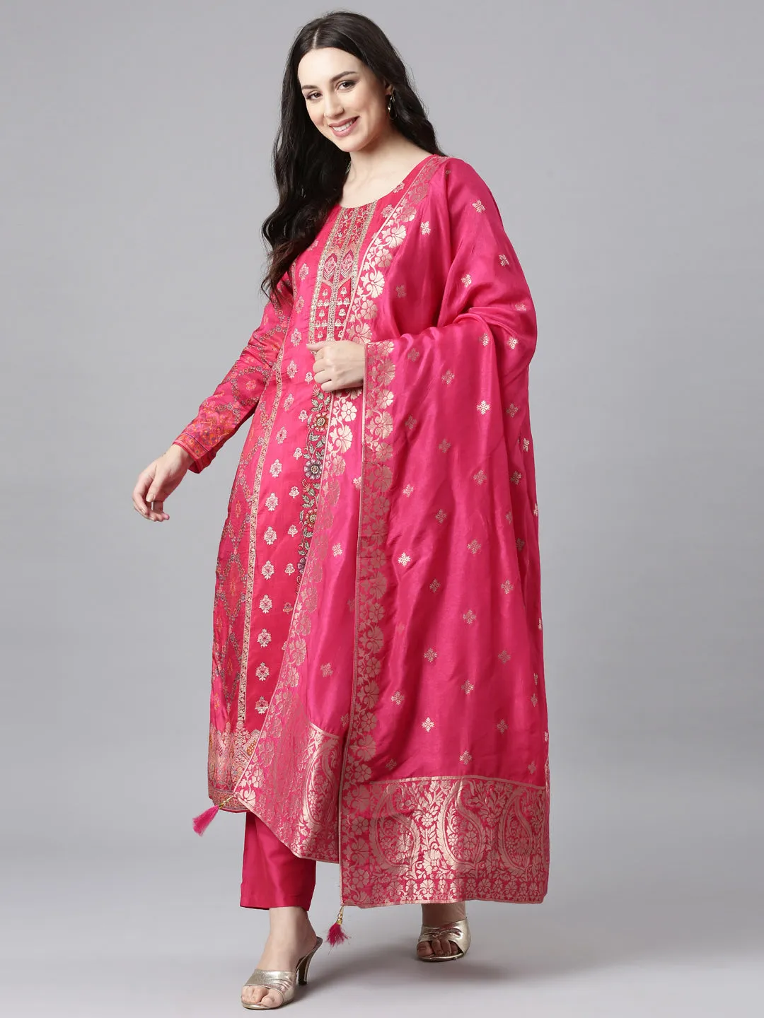 Neerus Pink Panelled Straight Kurta and Trousers With Dupatta