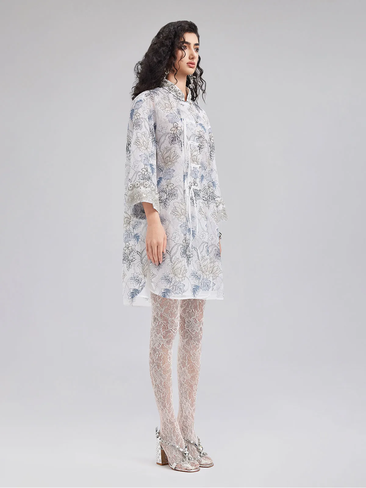 Neo Chinese Floral Print High-Collar Dress