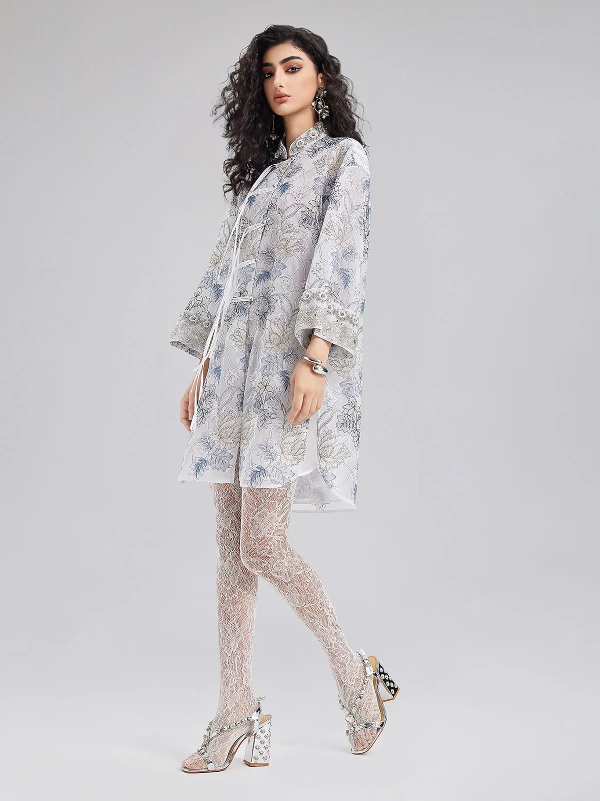 Neo Chinese Floral Print High-Collar Dress