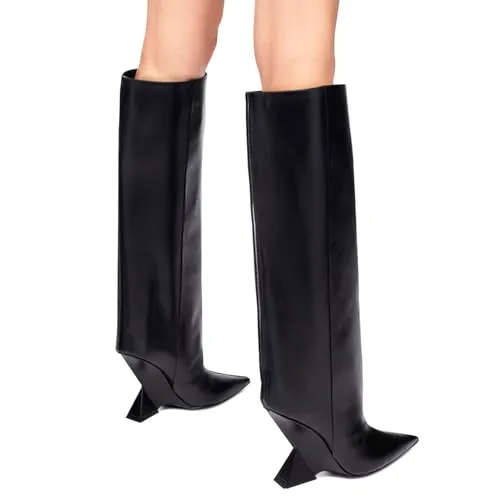 Pointed Toe Slope Heel Knee High Boots Shoes