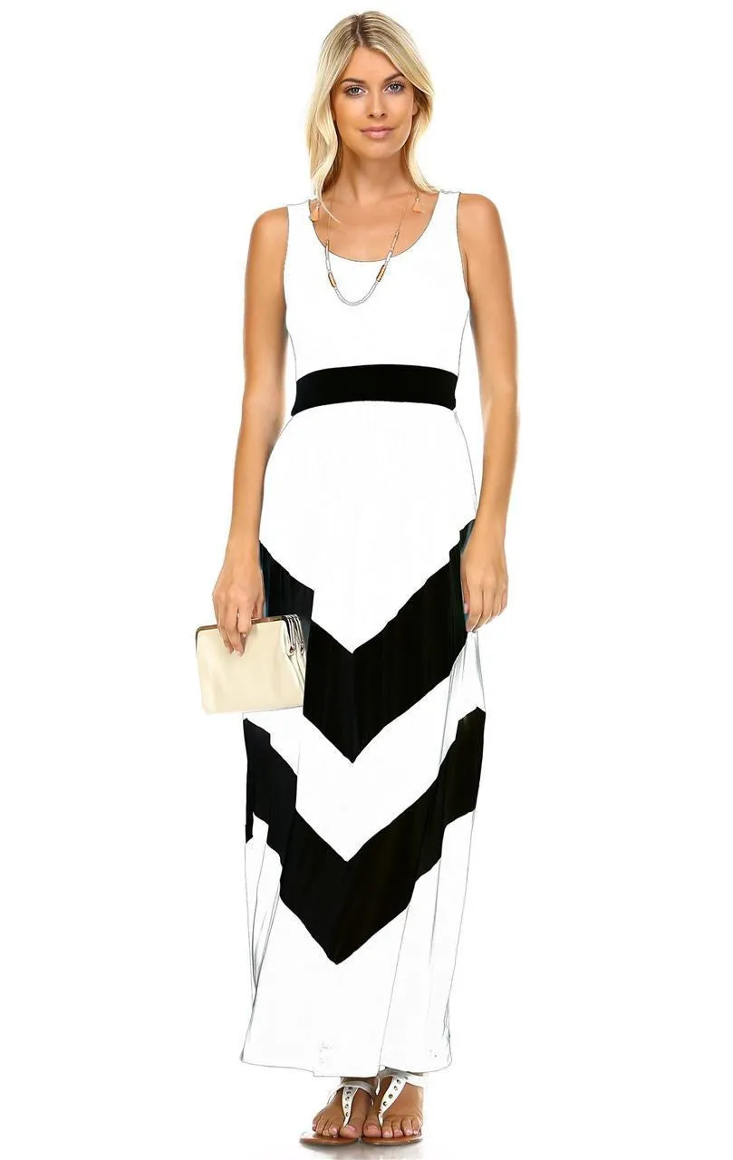 Sleeveless Evening Chevron Maxi Dress White Black