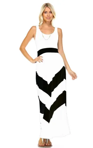 Sleeveless Evening Chevron Maxi Dress White Black