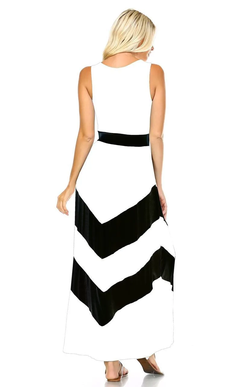 Sleeveless Evening Chevron Maxi Dress White Black