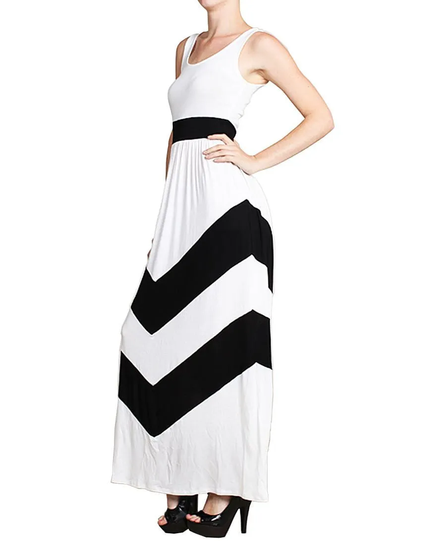 Sleeveless Evening Chevron Maxi Dress White Black