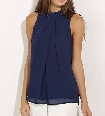 Stylish Casual Ladies' O-neck Sleeveless Chiffon Blouses