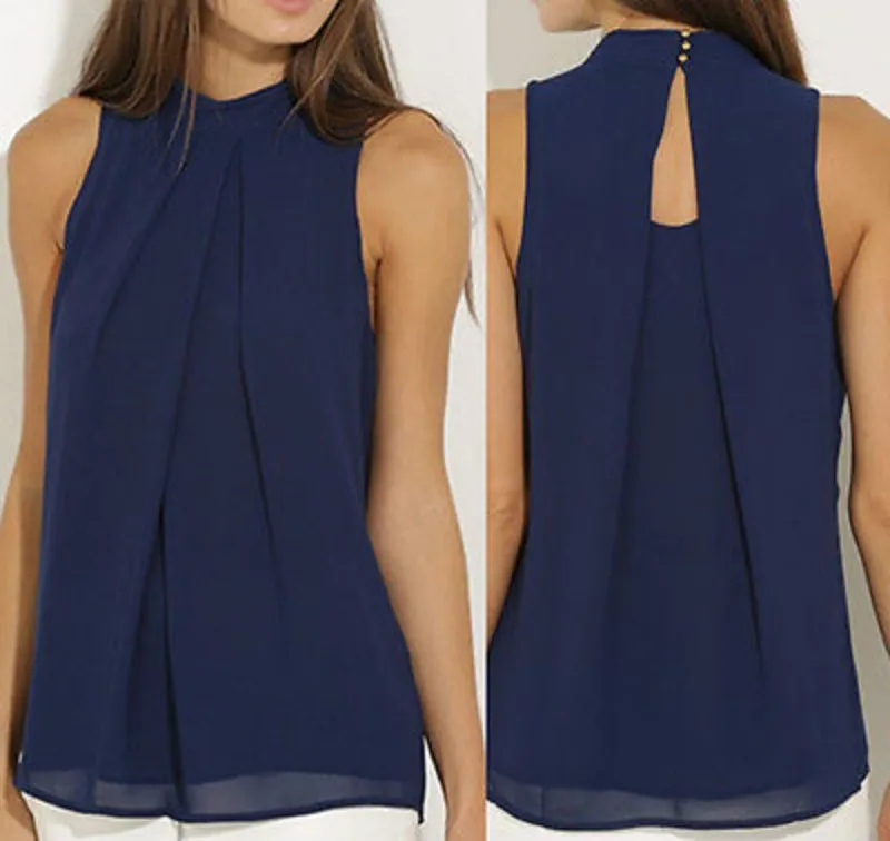 Stylish Casual Ladies' O-neck Sleeveless Chiffon Blouses