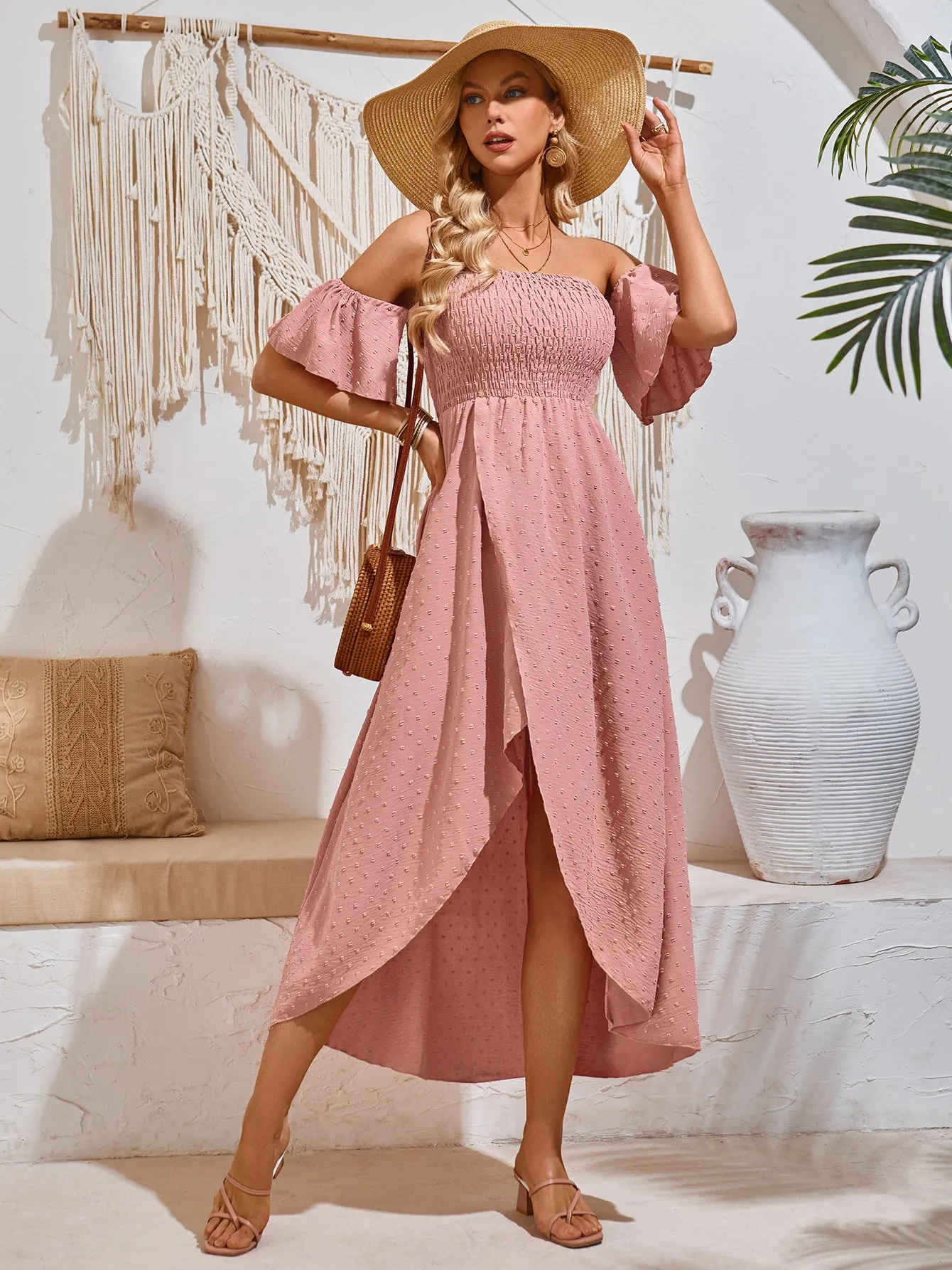 Summer Casual Women Clothing Solid Color Fresh Air Smocking Maxi Dress