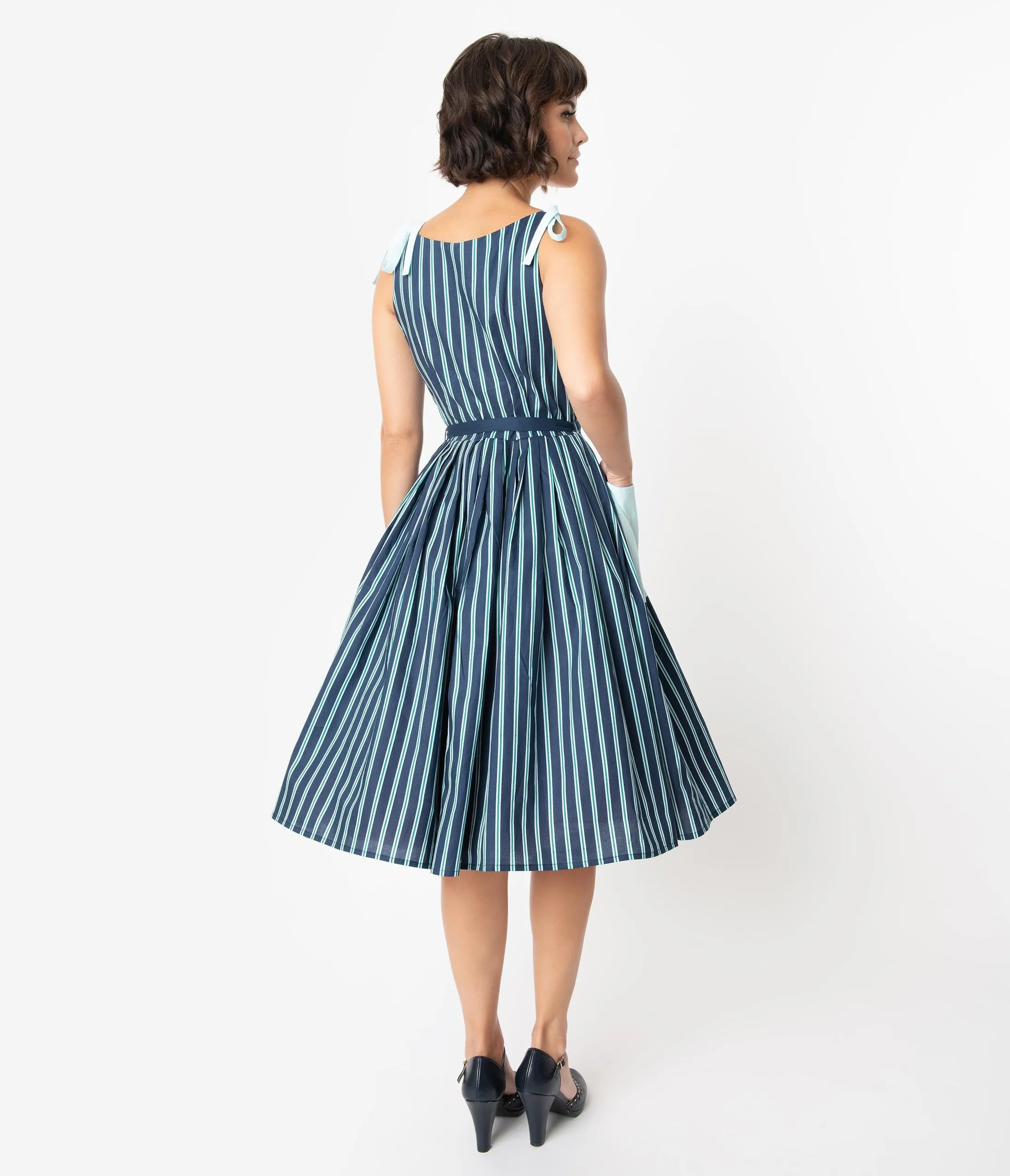 Unique Vintage 1950s Style Blue Striped Hamilton Swing Dress