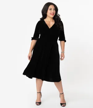 Unique Vintage Plus Size 1950s Black Velvet Delores Swing Dress with Sleeves