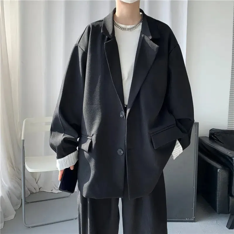 WIAOFELLAS -  Men's Casual Loose Western-style Clothes Black/silver Color Outerwear Mid-length Male Clothes Trendy Fashion Suit Jackets