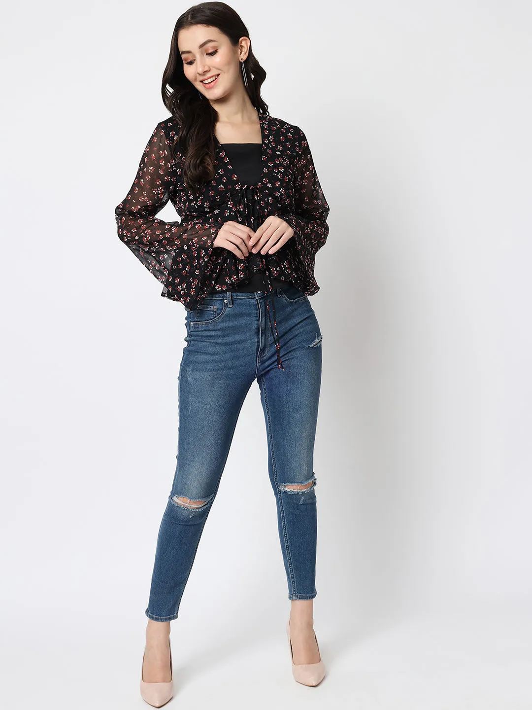 Women Floral Printed Black Top