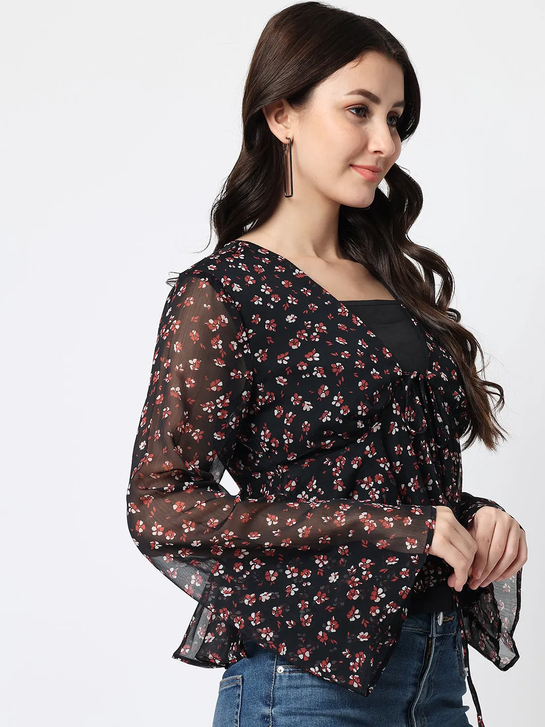 Women Floral Printed Black Top