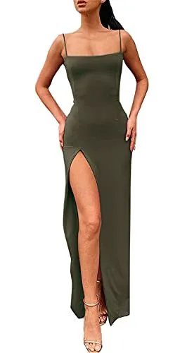 Women's Spaghetti Strap Backless Thigh-high Slit Bodycon Maxi Long Dress Club Party Dress