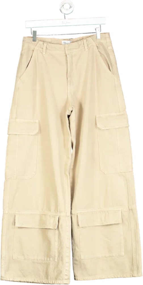 Zara Beige Wide-Leg Cargo Trousers UK 10